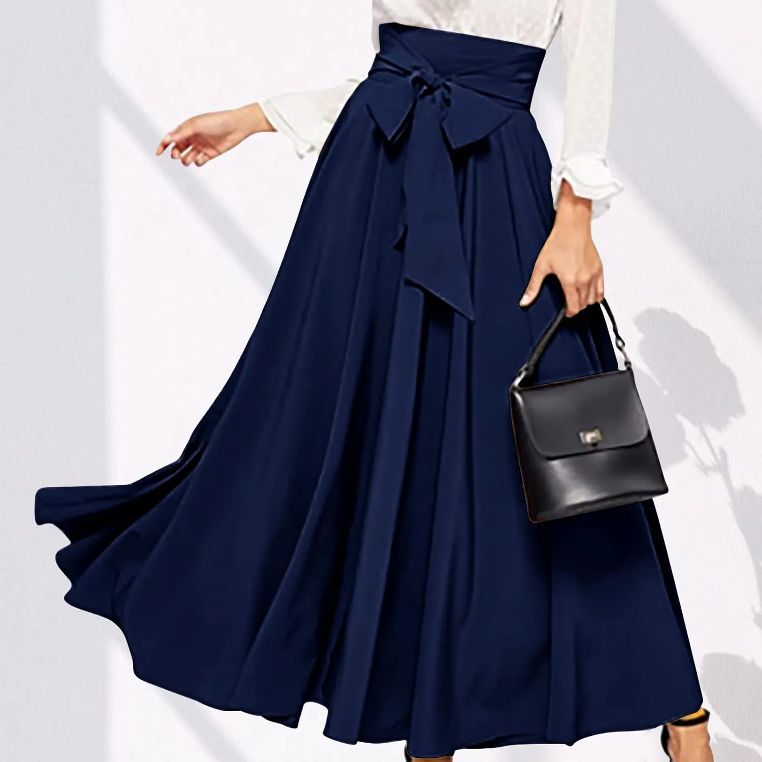 Women's Elegant High Waisted Skirt Tie Front Pleated Maxi Skirts Fashion Solid Color Flowy Swing Ankle Length Skirt