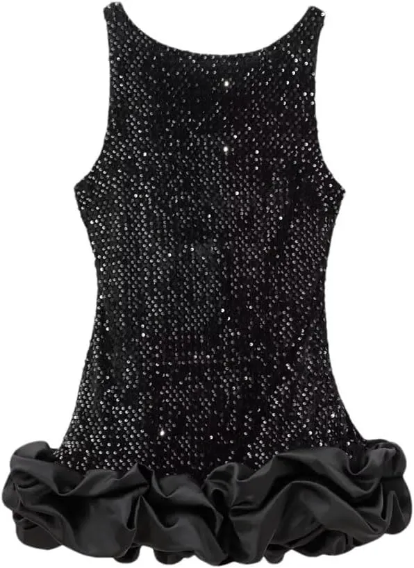 Women's Elegant Party Dresses Round Neck Sleeveless Camisole Dress Layered Decoration Short Backless Dress