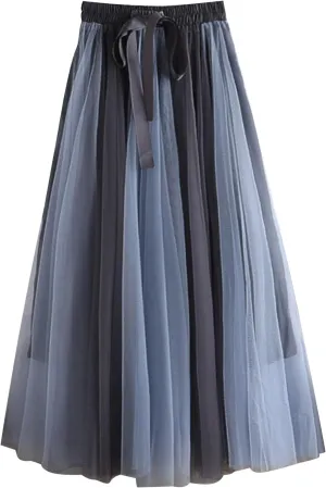 Women's Elegant Tulle Skirts Color Blocking Pleated Flowy Skirt Bow High Waist Ankle Length Midi Skirt