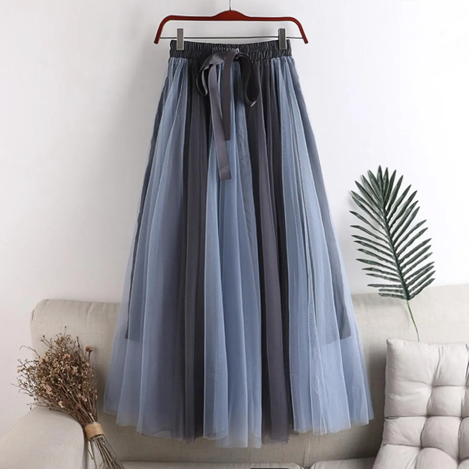 Women's Elegant Tulle Skirts Color Blocking Pleated Flowy Skirt Bow High Waist Ankle Length Midi Skirt