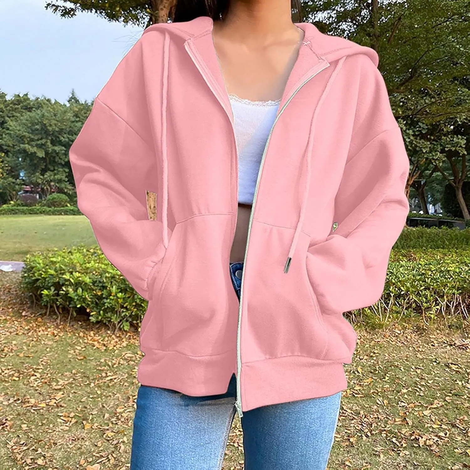Womens Essentials Hoodie Plus Size Loose Fit Zipper Outfits Long Sleeve Solid Jackets Fashion Outdoor Sweatshirt