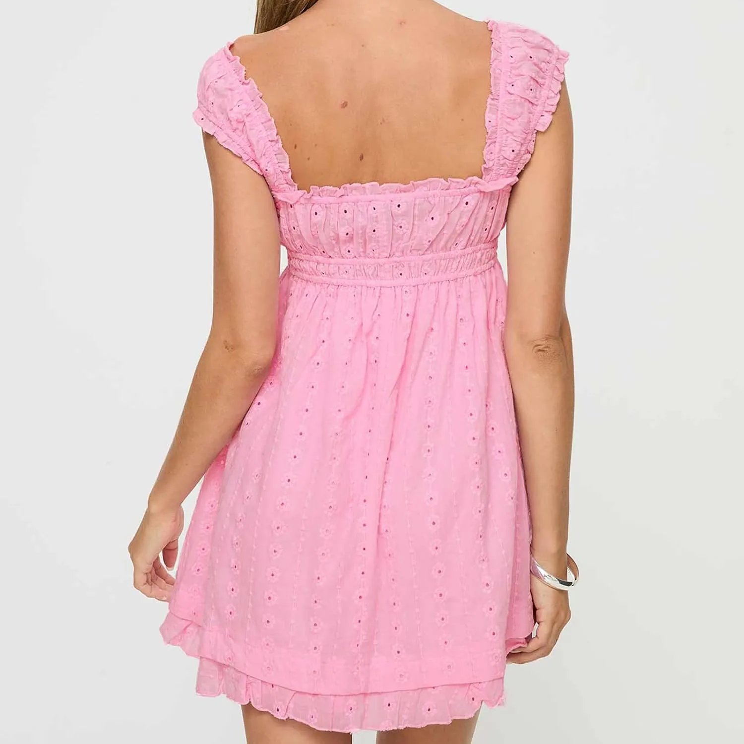 Womens Eyelet Dresses Summer Square Neck Sleeveless Babydoll Mini Dress Casual A-Line Boho Floral Beach Sundress