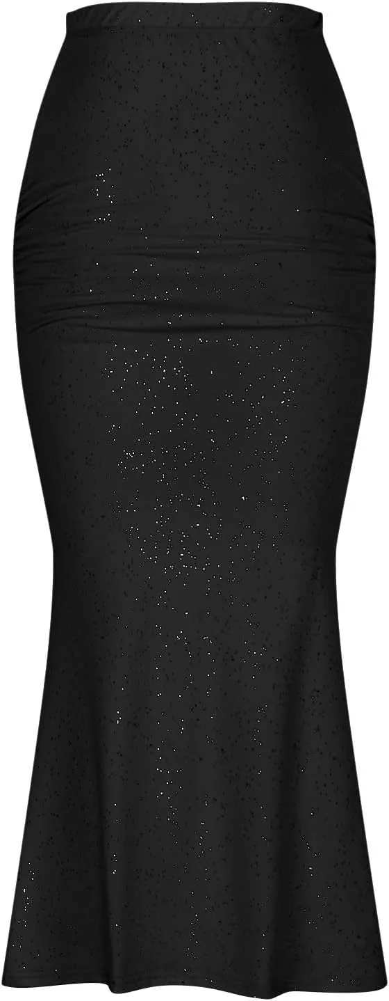 Women's Fashion Sequin Mermaid Skirt, High Waisted Bodycon Party Evening Clothes Ruffled Hem Elegance Sparkly Skirts