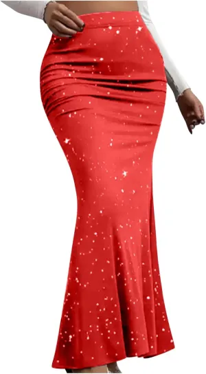 Women's Fashion Sequin Mermaid Skirt, High Waisted Bodycon Party Evening Clothes Ruffled Hem Elegance Sparkly Skirts