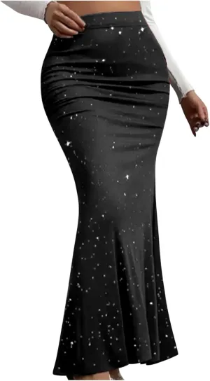 Women's Fashion Sequin Mermaid Skirt, High Waisted Bodycon Party Evening Clothes Ruffled Hem Elegance Sparkly Skirts