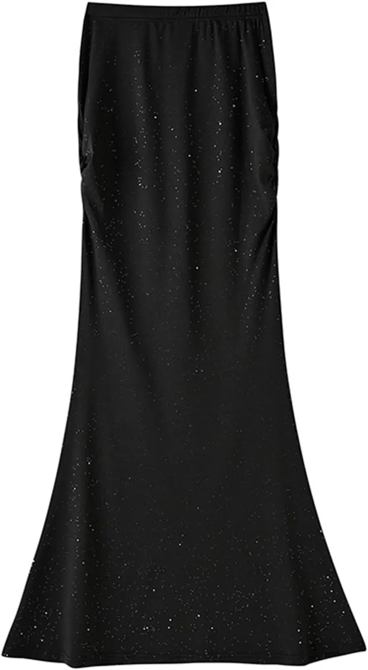 Women's Fashion Sequin Mermaid Skirt, High Waisted Bodycon Party Evening Clothes Ruffled Hem Elegance Sparkly Skirts