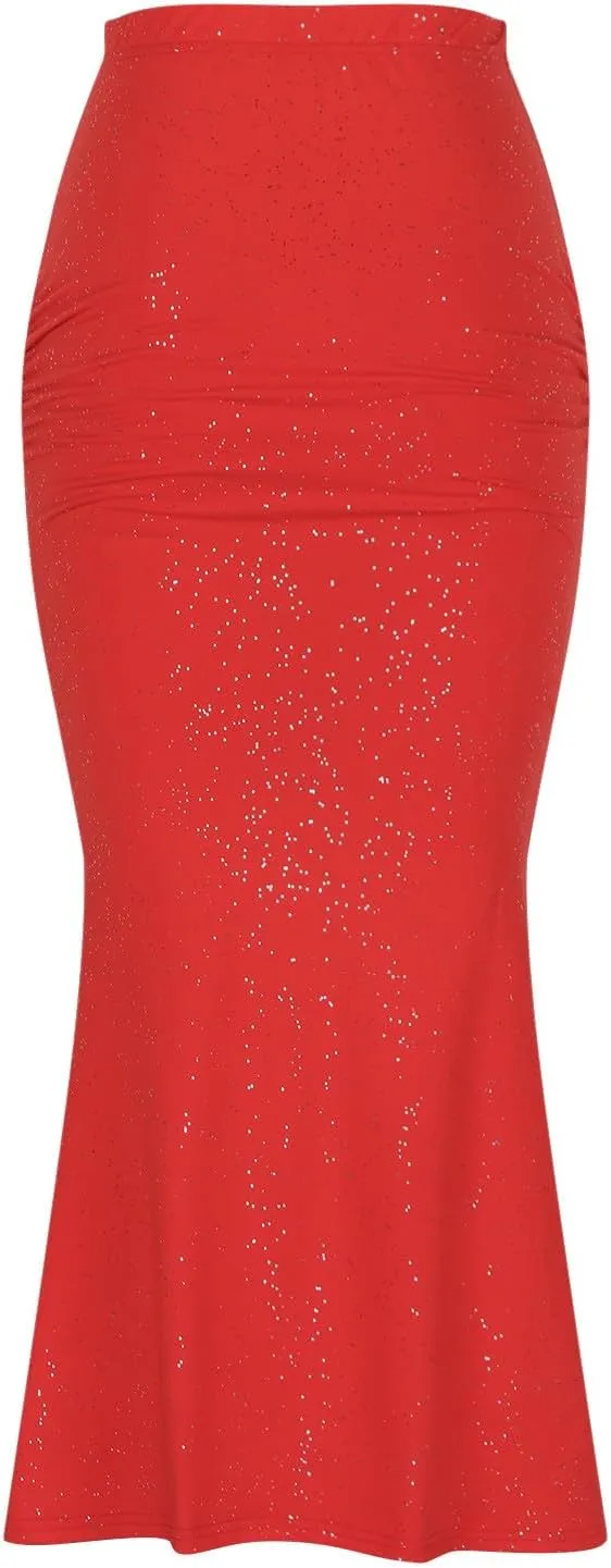 Women's Fashion Sequin Mermaid Skirt, High Waisted Bodycon Party Evening Clothes Ruffled Hem Elegance Sparkly Skirts
