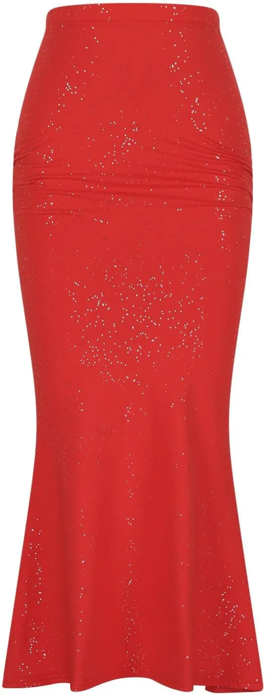 Women's Fashion Sequin Mermaid Skirt, High Waisted Bodycon Party Evening Clothes Ruffled Hem Elegance Sparkly Skirts