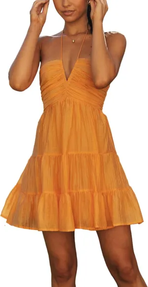 Womens Floral Mini Dress Summer Halter Tie Back Sleeveless A Line Boho Short Dresses Beach Cami Sun Dress