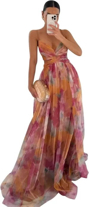 Women's Floral Print Tulle Prom Dresses Spaghetti Straps V Neck A Line Beach Summer Dresses XOD0474