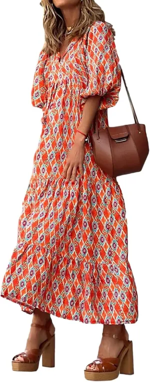 Women's Floral Puff Sleeve Maxi Dress Summer Bohemian V Neck Tiered Long Dress Casual Loose Swing Beach Sundress