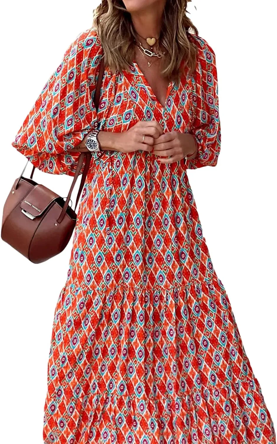 Women's Floral Puff Sleeve Maxi Dress Summer Bohemian V Neck Tiered Long Dress Casual Loose Swing Beach Sundress