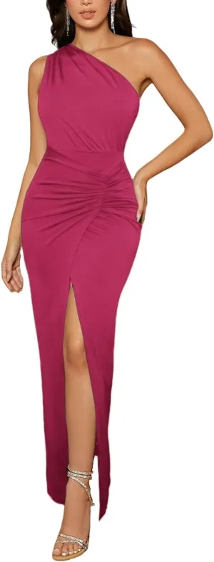Women's Formal Dress Maxi One Shoulder Bodycon Dress Ruched Front Split Wedding Guest Gown