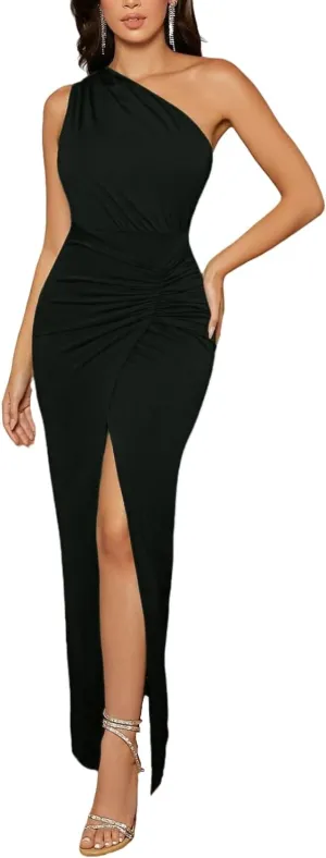 Women's Formal Dress Maxi One Shoulder Bodycon Dress Ruched Front Split Wedding Guest Gown