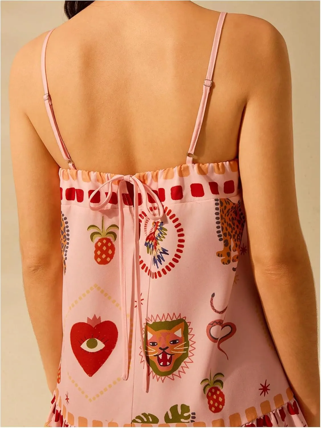 Women's Graphic Ruffle Hem Mini Vacation Dress Boho Spaghetti Strap Drop Waist Short Dresses