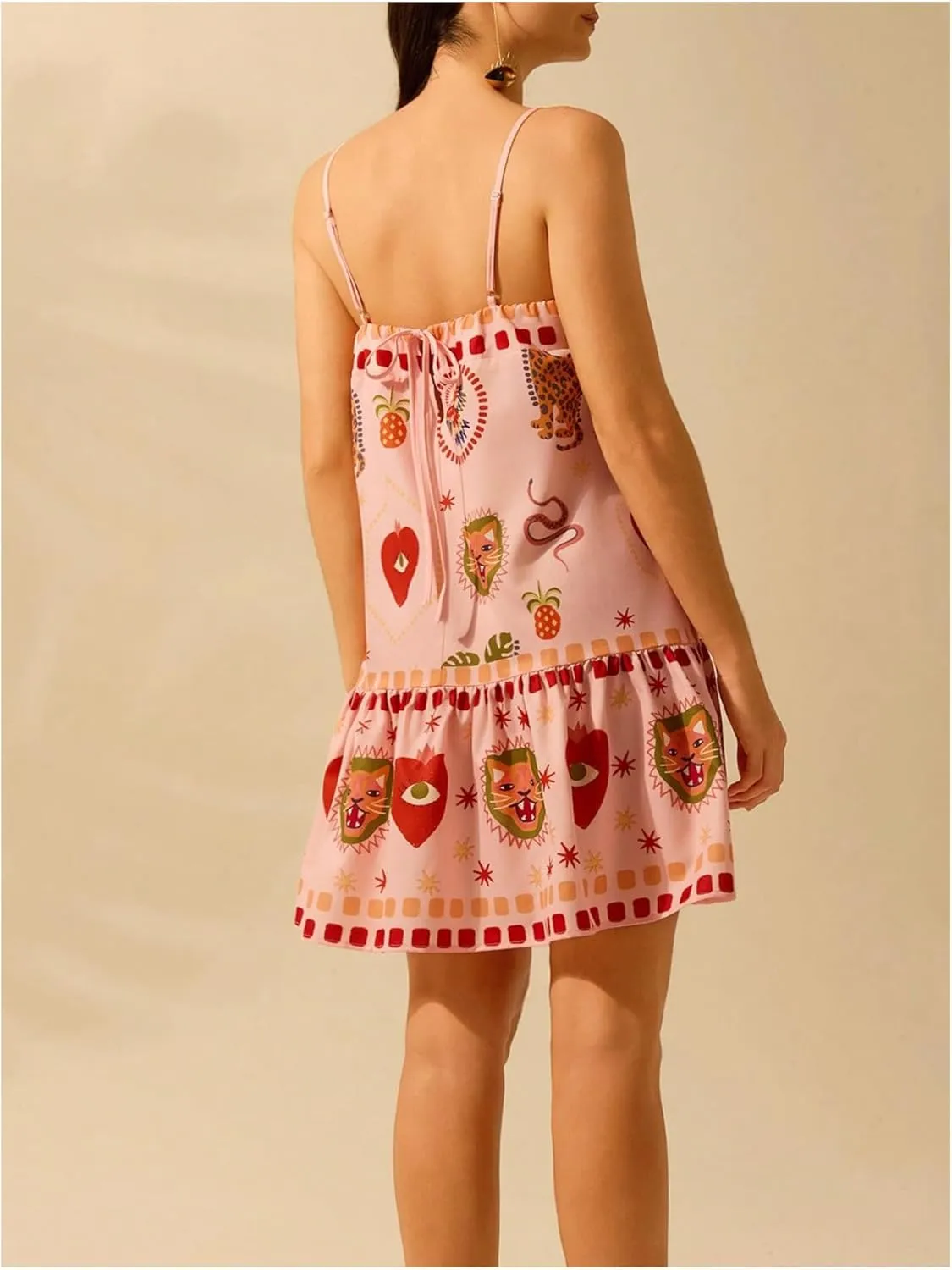 Women's Graphic Ruffle Hem Mini Vacation Dress Boho Spaghetti Strap Drop Waist Short Dresses