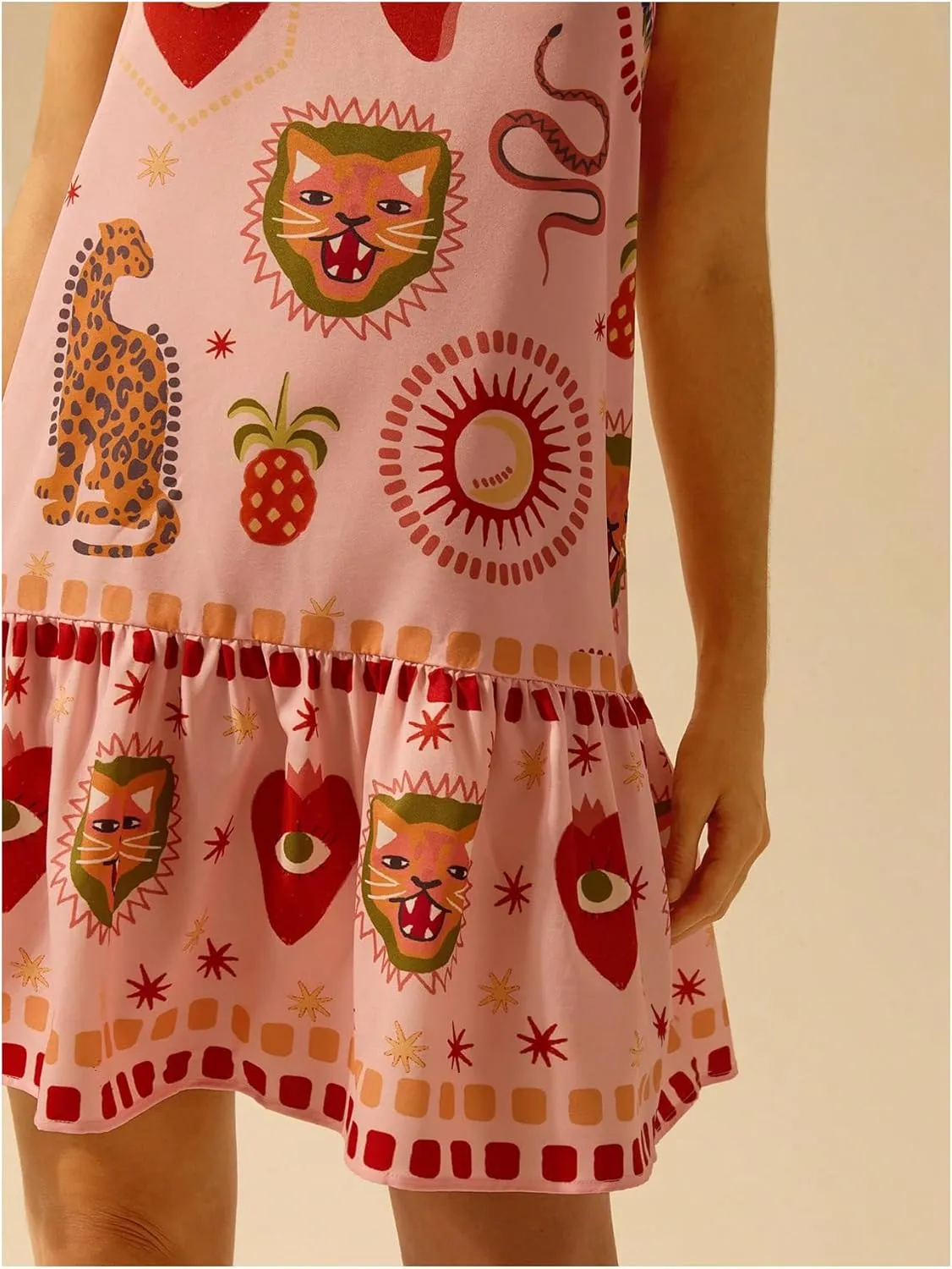 Women's Graphic Ruffle Hem Mini Vacation Dress Boho Spaghetti Strap Drop Waist Short Dresses