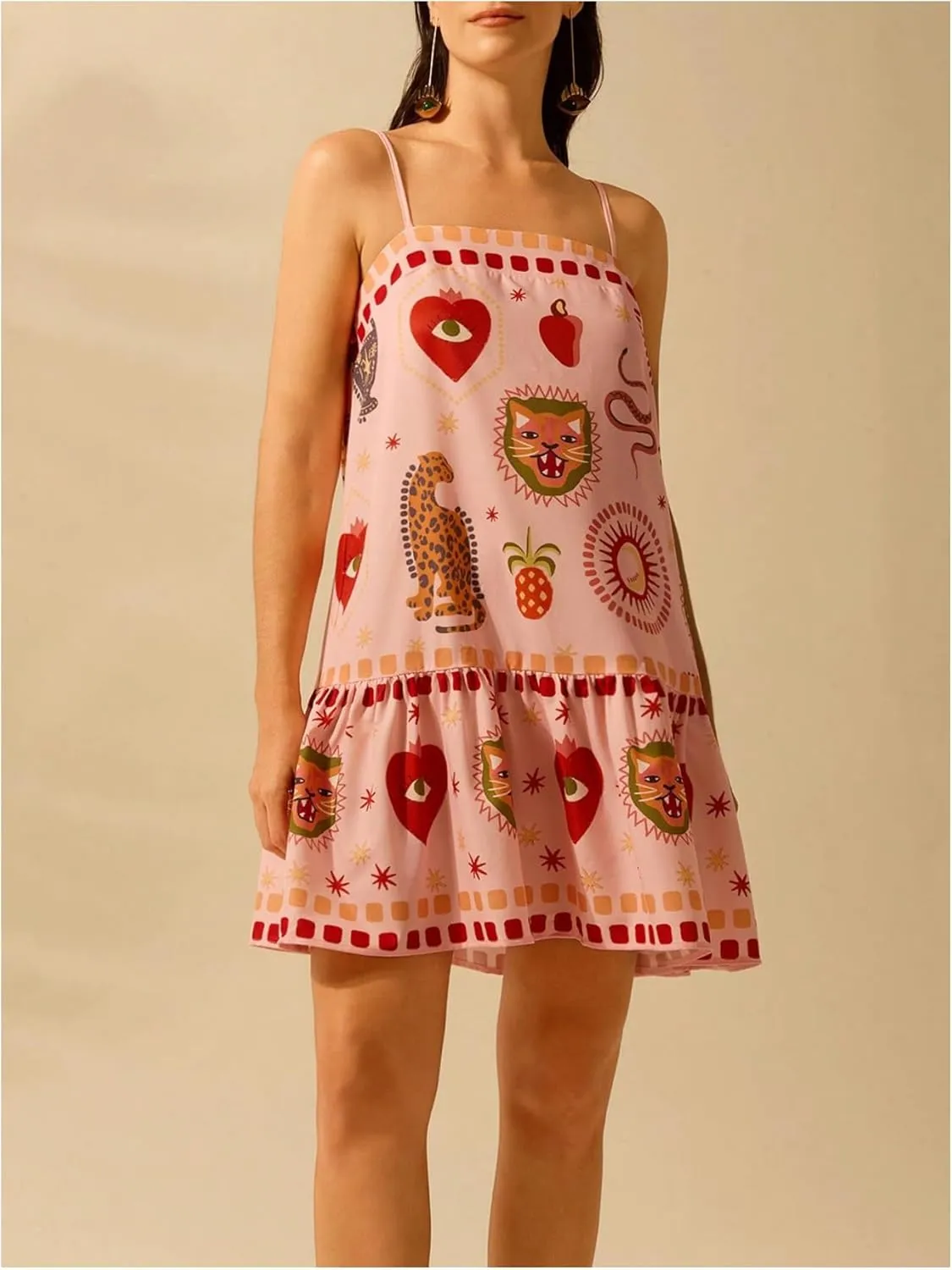 Women's Graphic Ruffle Hem Mini Vacation Dress Boho Spaghetti Strap Drop Waist Short Dresses