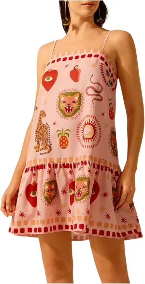 Women's Graphic Ruffle Hem Mini Vacation Dress Boho Spaghetti Strap Drop Waist Short Dresses