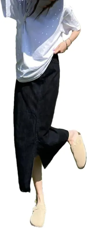 Women's High Waisted Front Slit Denim Midi Skirt 5-Pocket Casual Loose Jean Skirts for Work