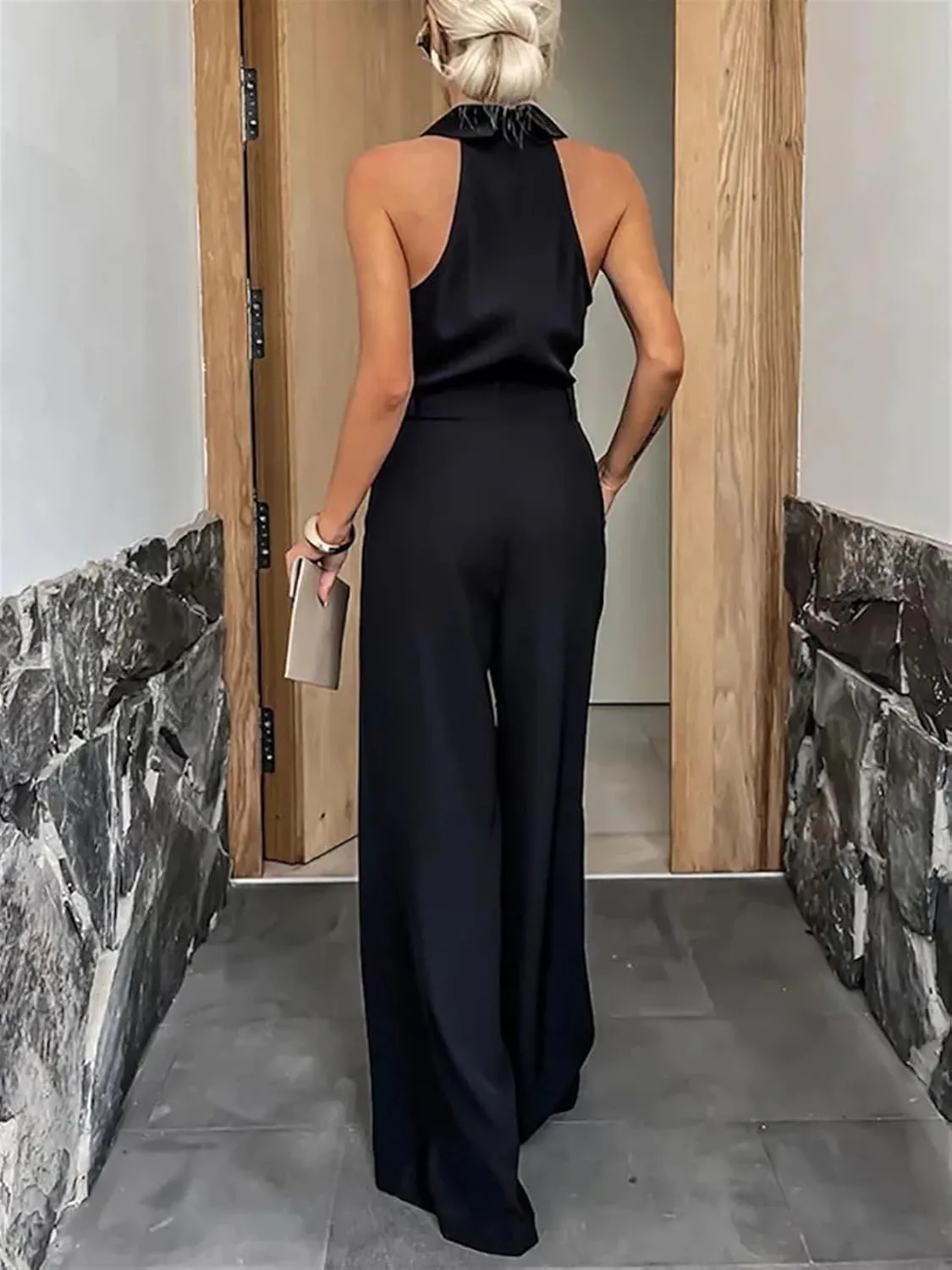 Women's Jumpsuits Summer Solid Turn-Down Collar Loungewear Sleeveless Playsuits Wide Leg Pants Bodysuits with Pockets