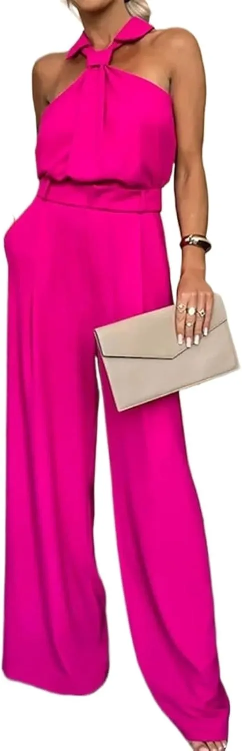 Women's Jumpsuits Summer Solid Turn-Down Collar Loungewear Sleeveless Playsuits Wide Leg Pants Bodysuits with Pockets