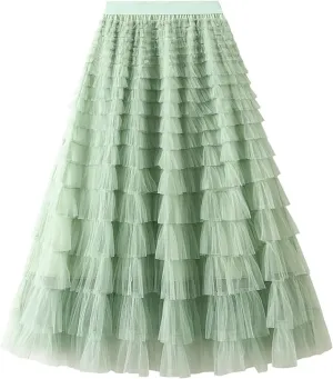 Women's Long Maxi Tulle Skirts A Line Ruffle High Waisted Tiered Layered Mesh Tutu Skirt Petticoat Costumes