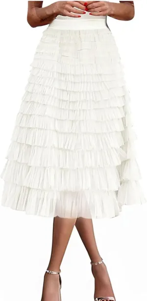 Women's Long Midi Tulle Skirts Dressy Casual A Line Ruffle High Waisted Tiered Layered Mesh Tutu Skirt Petticoat