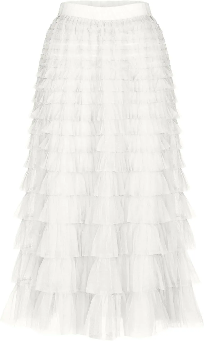 Women's Long Midi Tulle Skirts Dressy Casual A Line Ruffle High Waisted Tiered Layered Mesh Tutu Skirt Petticoat