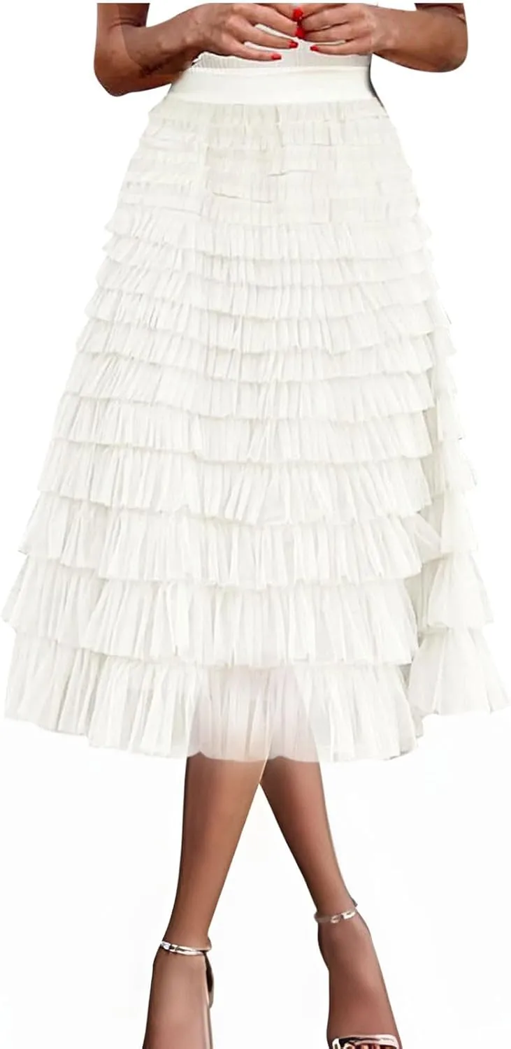 Women's Long Midi Tulle Skirts Dressy Casual A Line Ruffle High Waisted Tiered Layered Mesh Tutu Skirt Petticoat