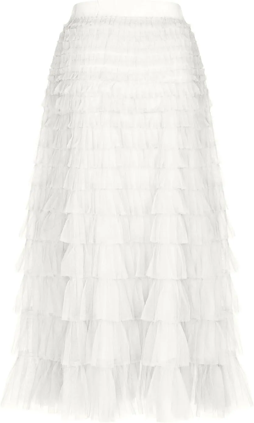 Women's Long Midi Tulle Skirts Dressy Casual A Line Ruffle High Waisted Tiered Layered Mesh Tutu Skirt Petticoat