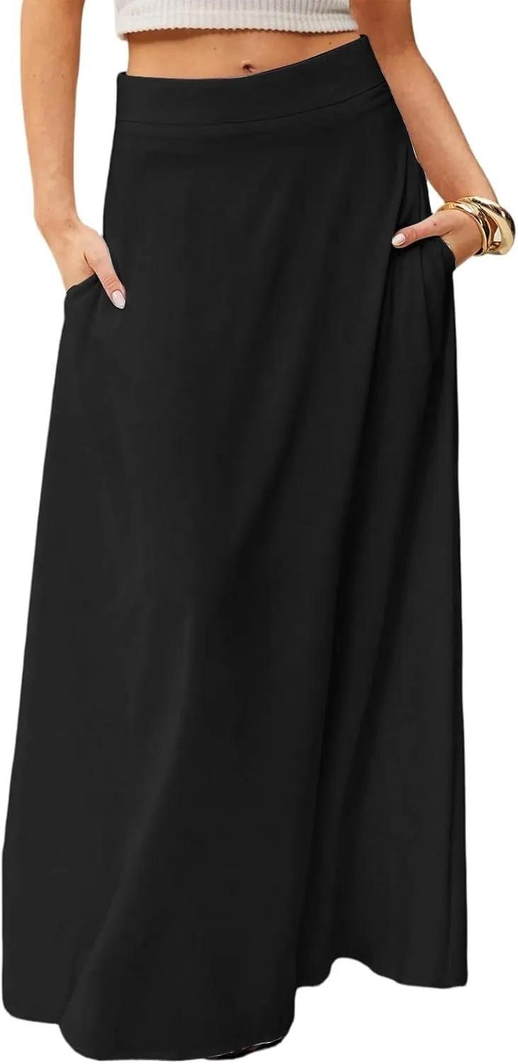 Women's Long Skirts Fall High Waisted Stretchy Solid Flowy Soft Beach Maxi Skirt, S-2XL