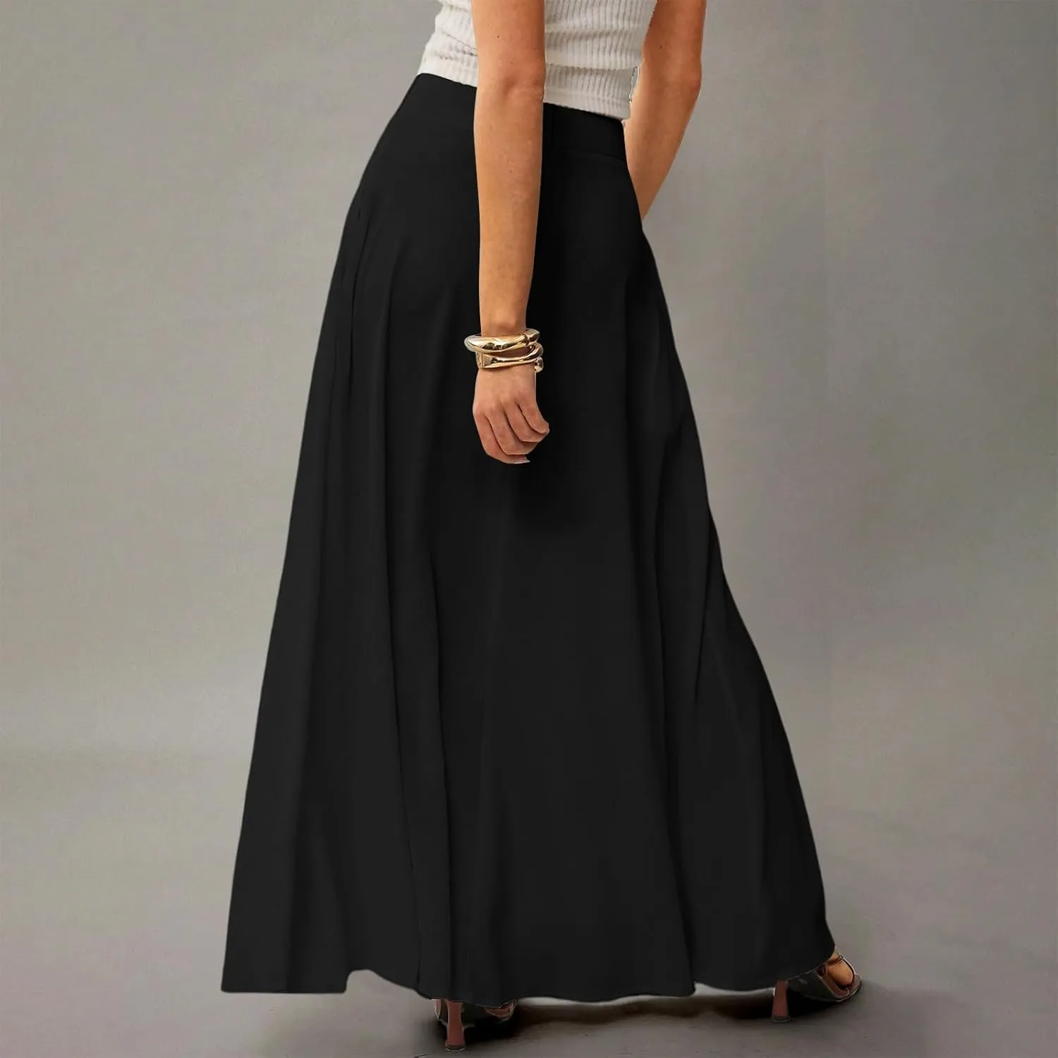 Women's Long Skirts Fall High Waisted Stretchy Solid Flowy Soft Beach Maxi Skirt, S-2XL