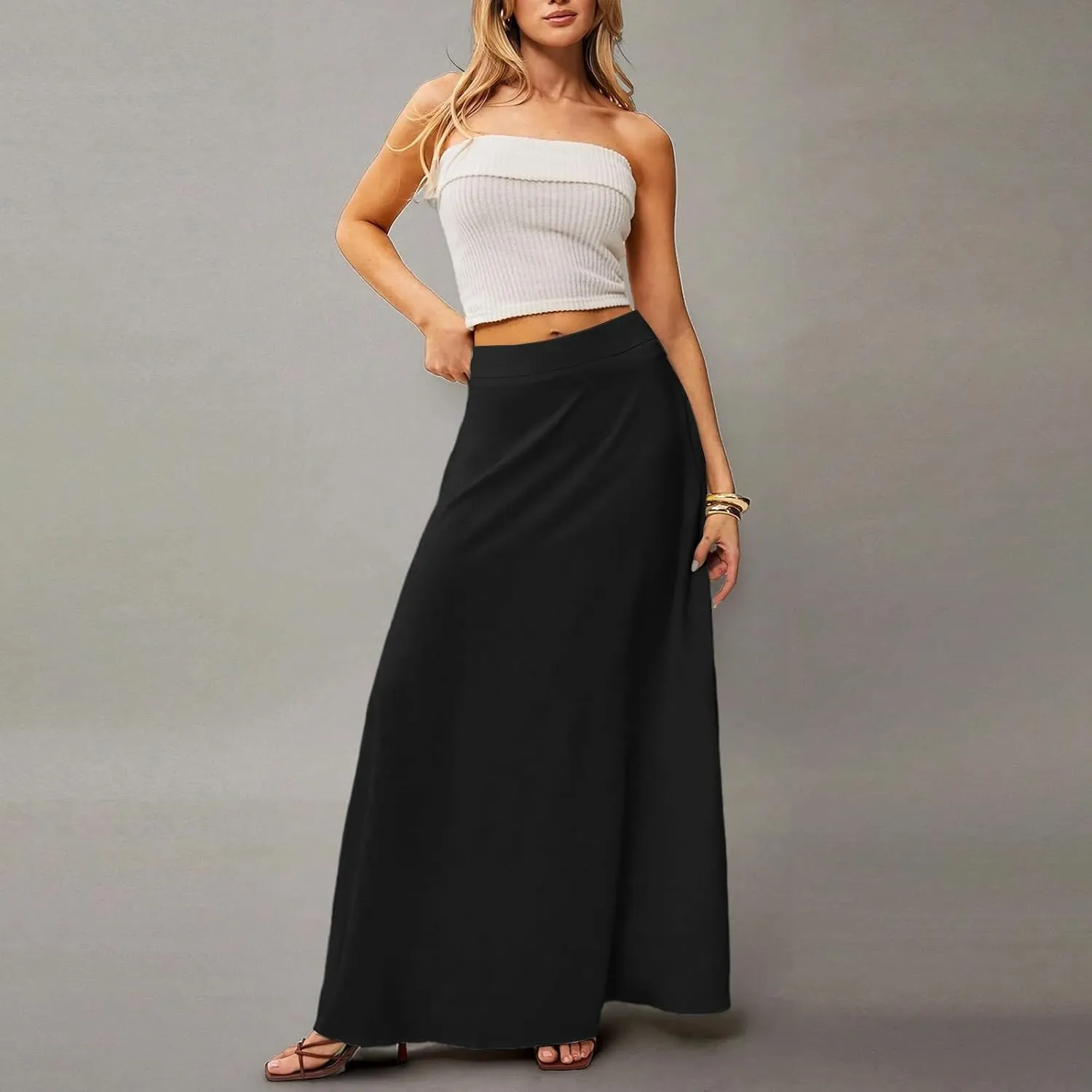Women's Long Skirts Fall High Waisted Stretchy Solid Flowy Soft Beach Maxi Skirt, S-2XL