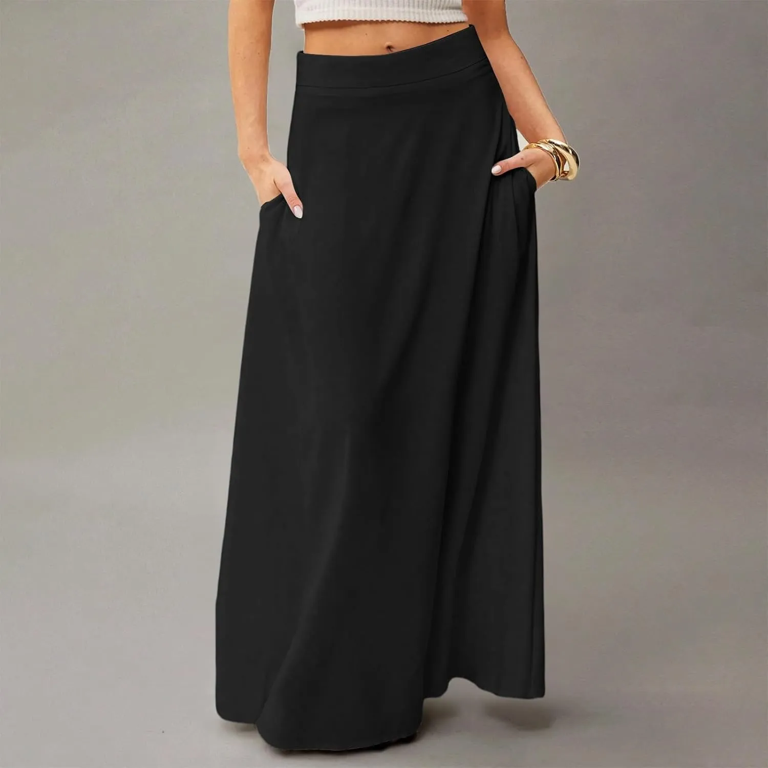 Women's Long Skirts Fall High Waisted Stretchy Solid Flowy Soft Beach Maxi Skirt, S-2XL