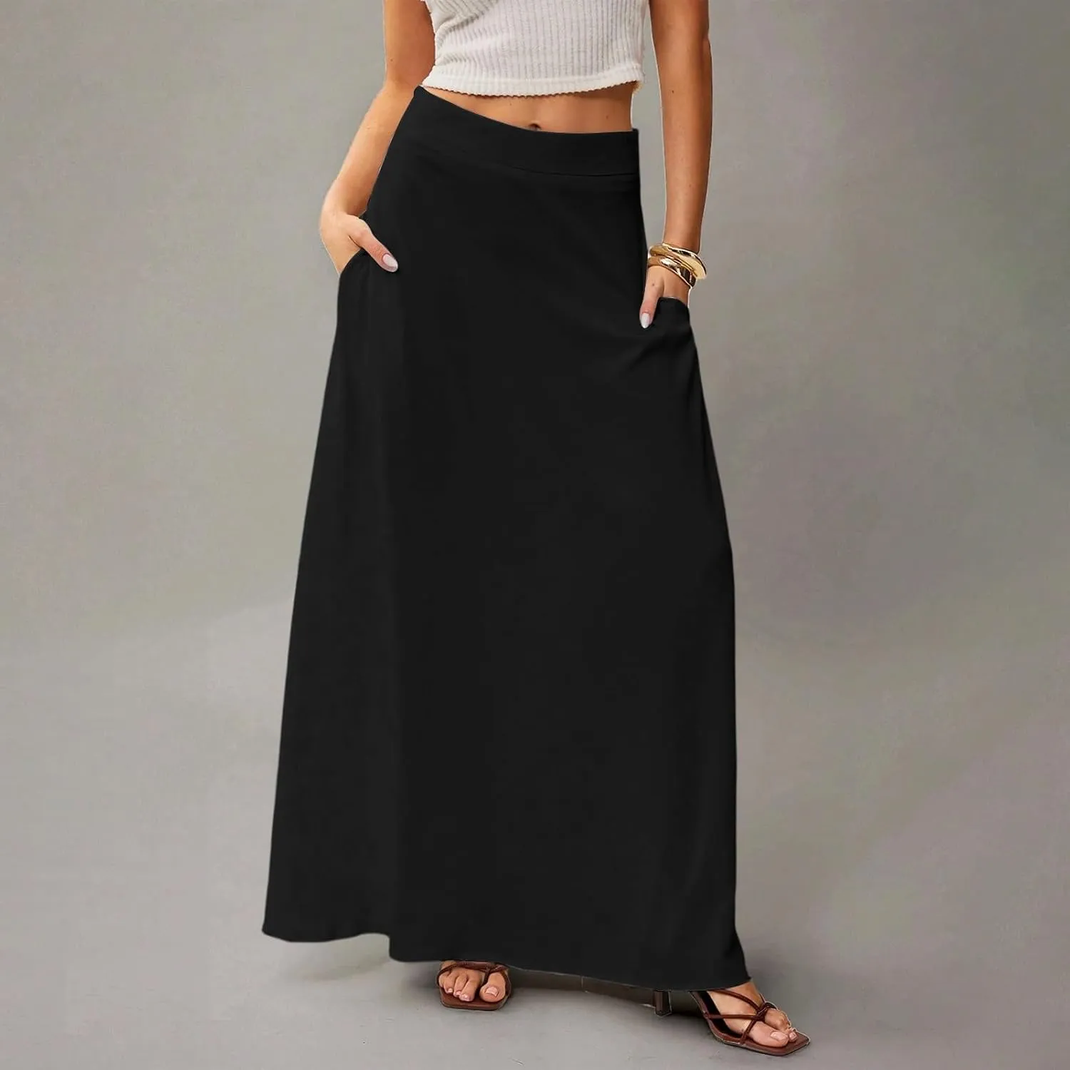 Women's Long Skirts Fall High Waisted Stretchy Solid Flowy Soft Beach Maxi Skirt, S-2XL