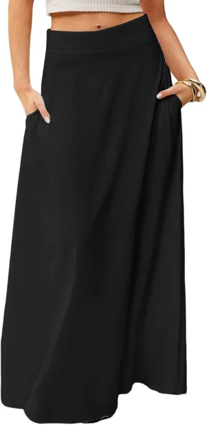 Women's Long Skirts Fall High Waisted Stretchy Solid Flowy Soft Beach Maxi Skirt, S-2XL