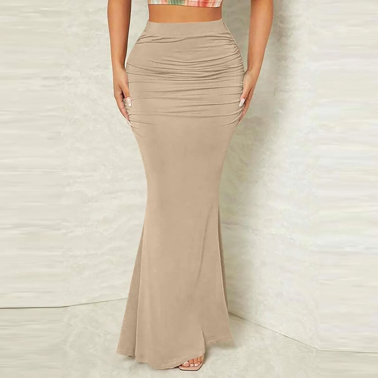 Womens Maxi Bodycon Long Skirt Dressy Elegant High Waisted Ruffle Ruched Flowy Mermaid Skirts Evening Party Clubwear
