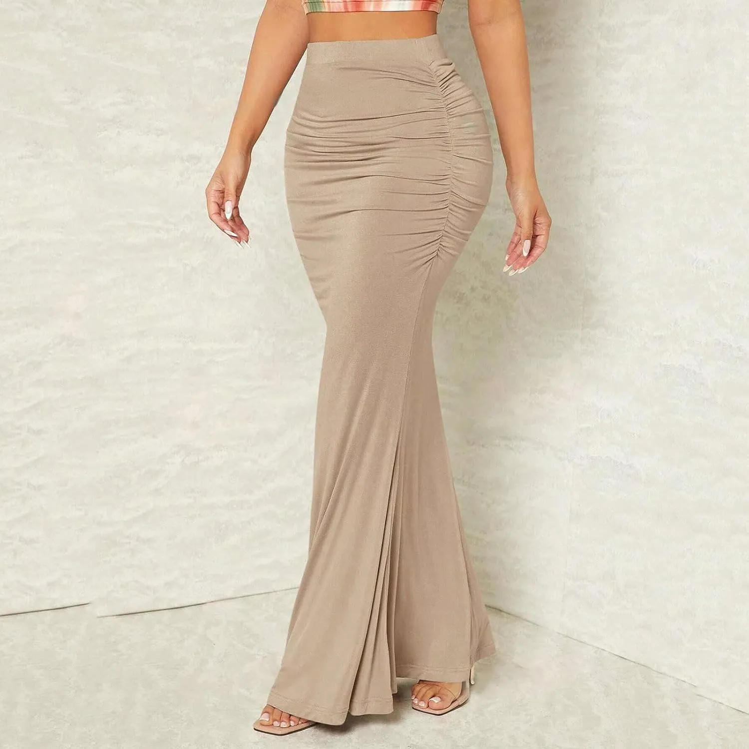 Womens Maxi Bodycon Long Skirt Dressy Elegant High Waisted Ruffle Ruched Flowy Mermaid Skirts Evening Party Clubwear