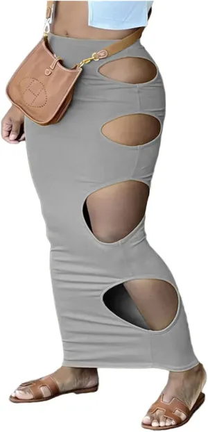 Womens Maxi Skirt Bodycon Unique Cutout Hole Stretch Dress Sexy High Waisted Pencil Skirt Nightout Clubwear