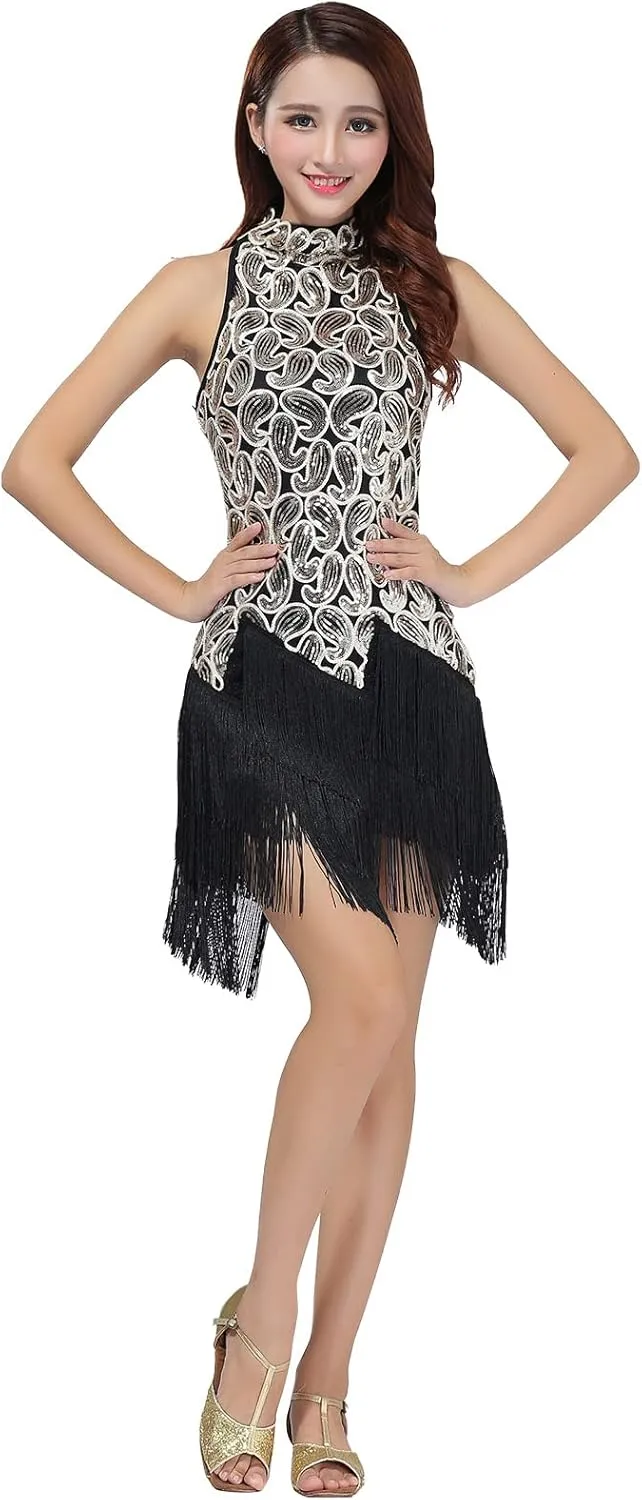 Women's Mock Neck Sequin Tassel Fringe Flapper Dress - Salsa Latin Dance, Roaring 1920s Ballroom, Rave Party, Cocktail