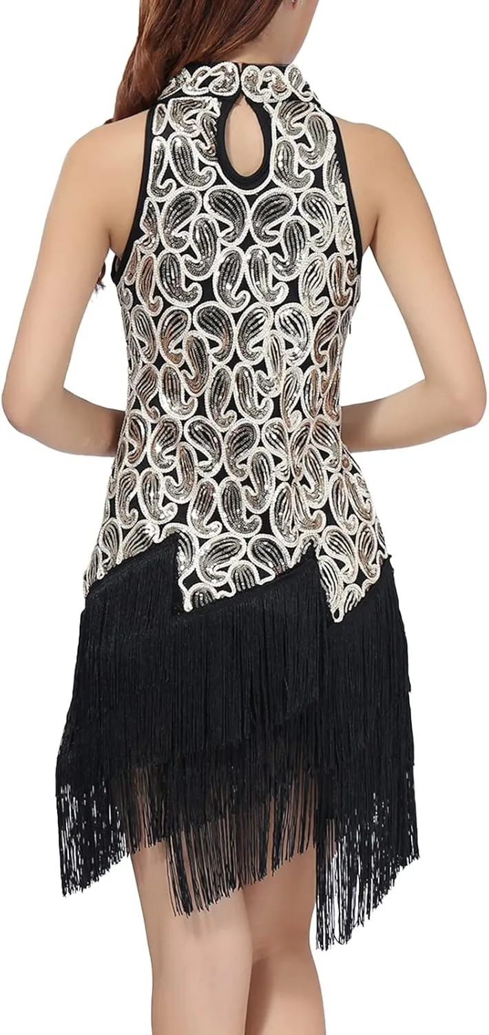Women's Mock Neck Sequin Tassel Fringe Flapper Dress - Salsa Latin Dance, Roaring 1920s Ballroom, Rave Party, Cocktail