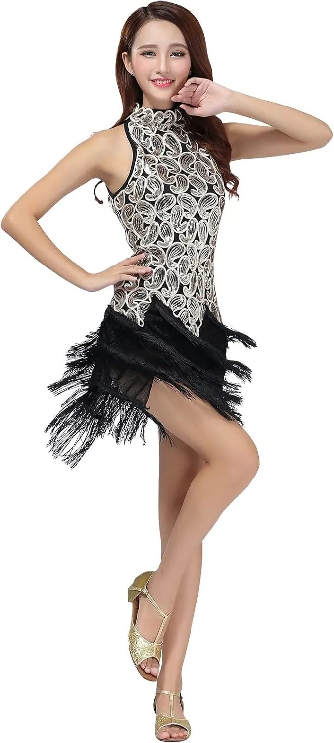 Women's Mock Neck Sequin Tassel Fringe Flapper Dress - Salsa Latin Dance, Roaring 1920s Ballroom, Rave Party, Cocktail