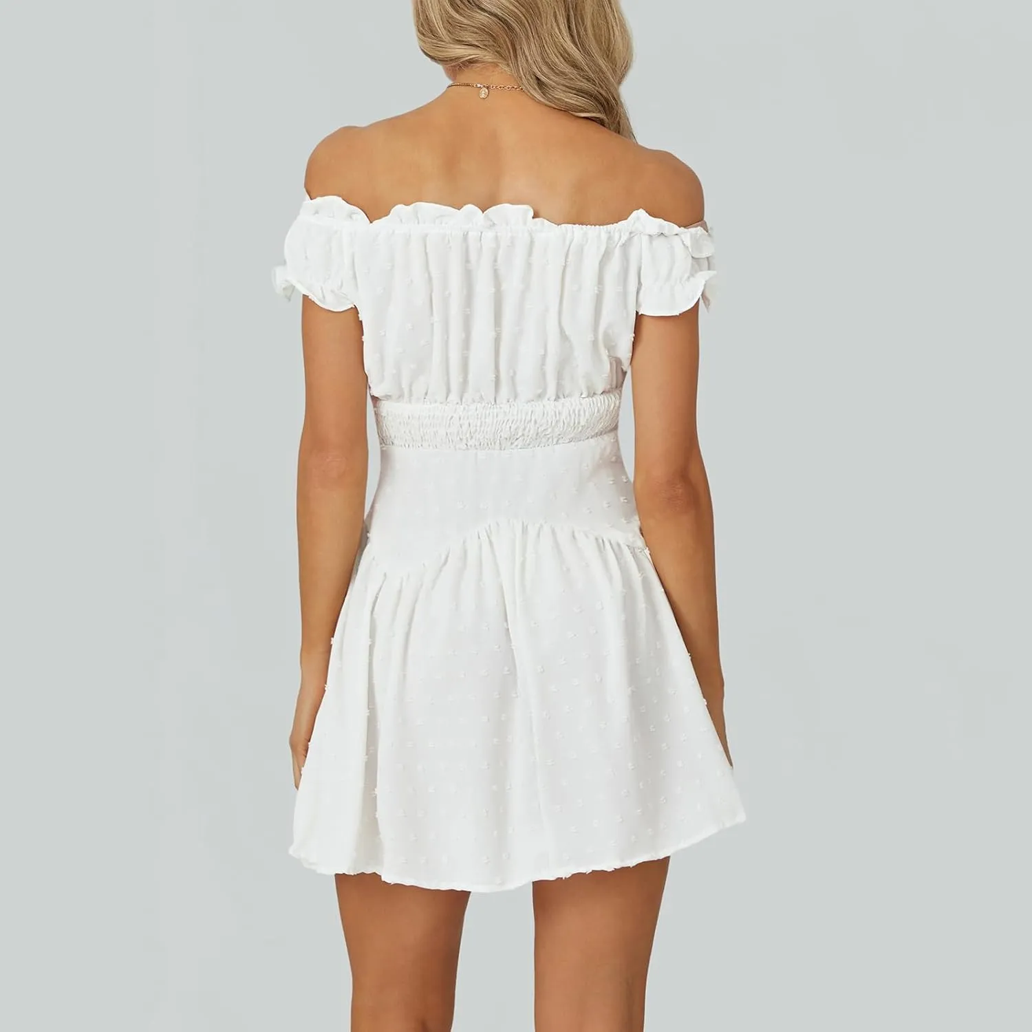 Womens Off Shoulder Ruffle Flowy Mini Short Skater Dresses Short Sleeve Elastic Waist A-Line Casual Summer Dress