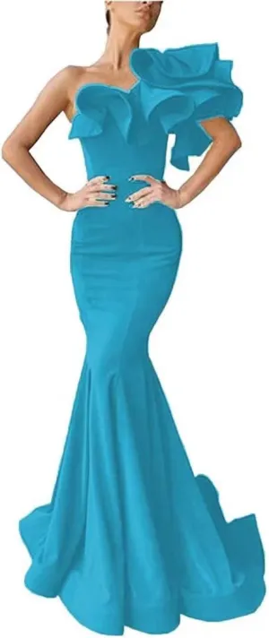 Women's One Shoulder Ruffles Satin Mermaid Prom Dresses Long Ball Gowns Formal Evening Party Gowns