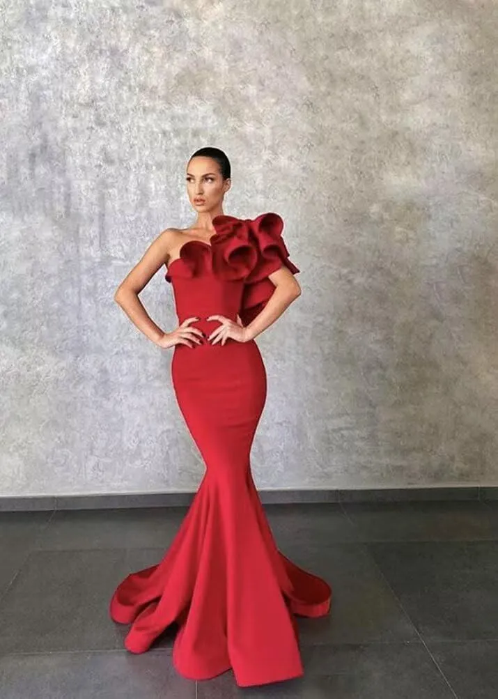 Women's One Shoulder Ruffles Satin Mermaid Prom Dresses Long Ball Gowns Formal Evening Party Gowns
