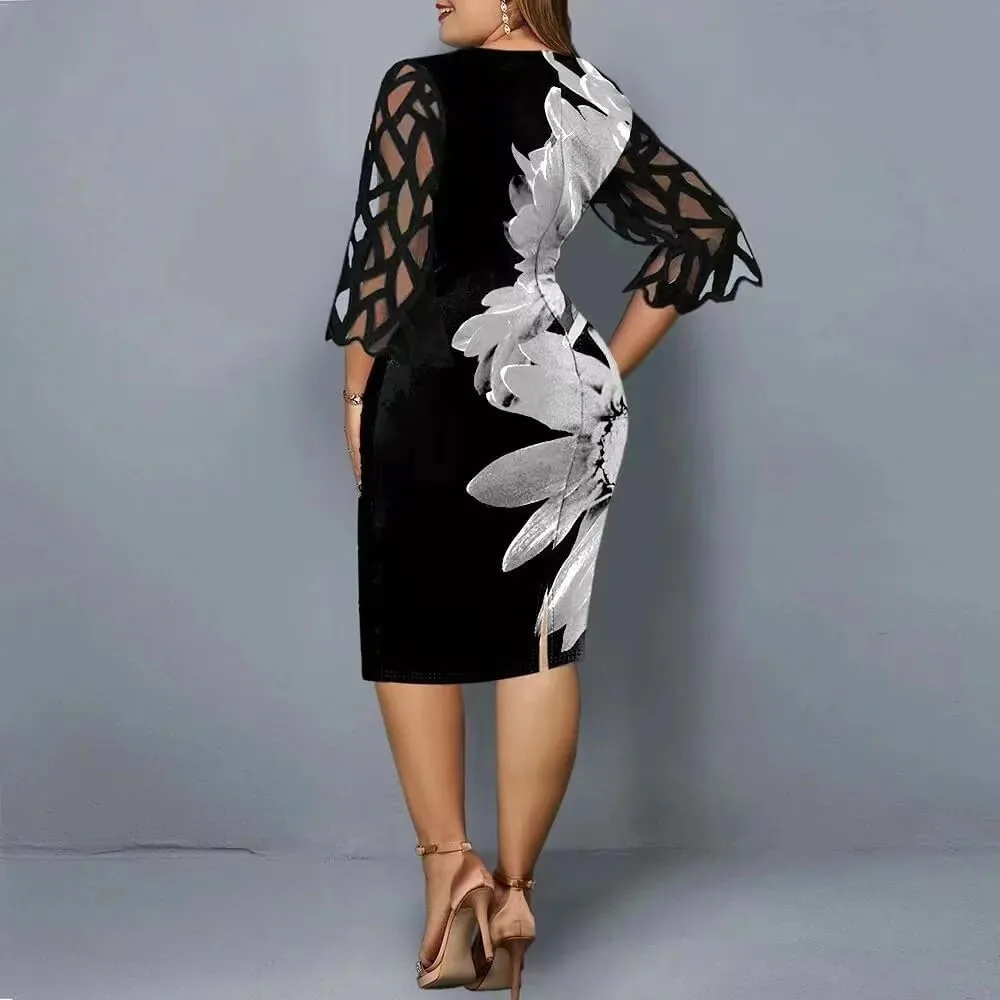 Women's Plus Size Formal Midi Dress 3/4 Sleeve Print Dress