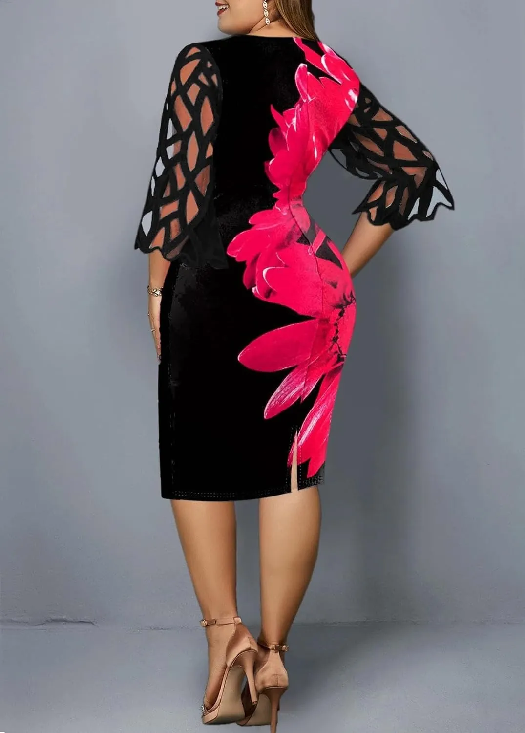 Women's Plus Size Formal Midi Dress 3/4 Sleeve Print Dress