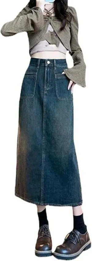 Women's Retro High-Waisted A-Line Denim Half Skirt, Spring and Autumn Midi Skirt