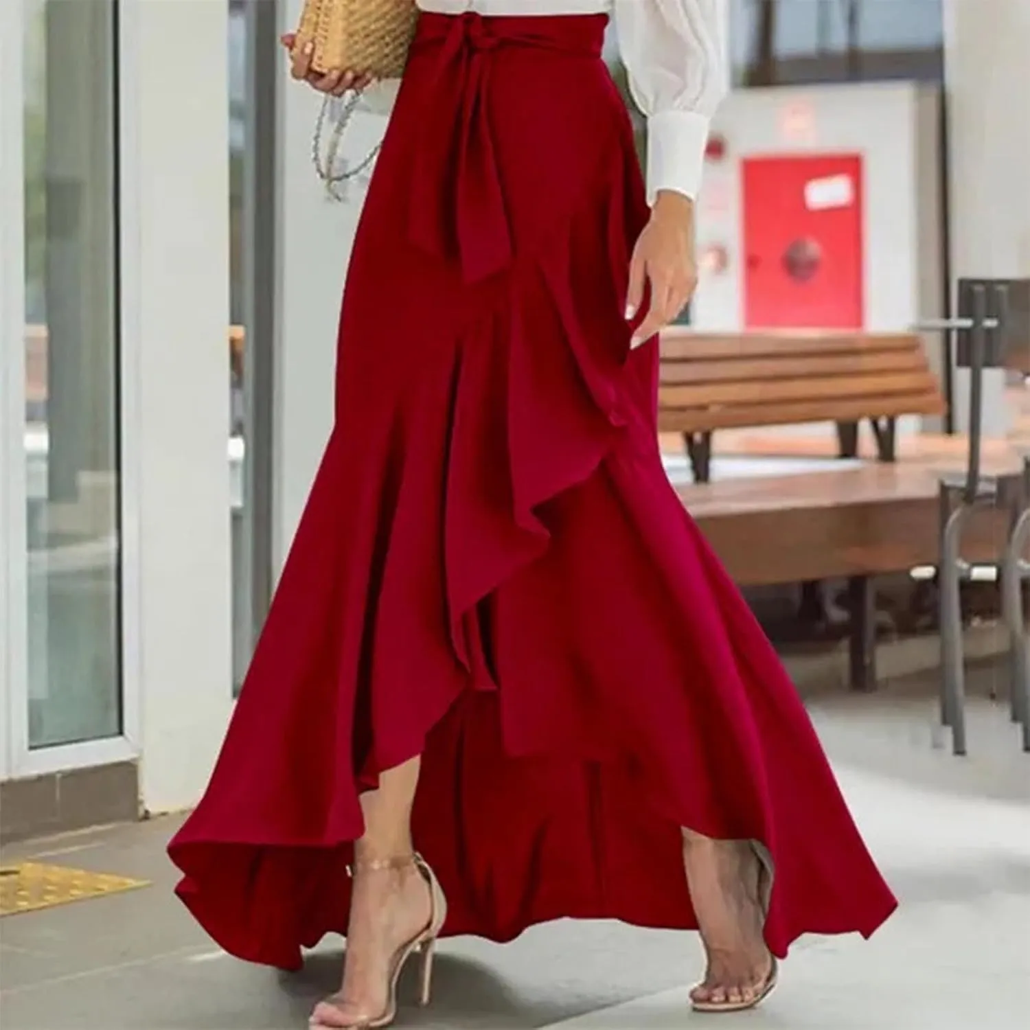 Womens Ruffle Wrap Maxi Skirt Flare High Waist Asymmetrical Hem Elegant Beach with Slit Flowy Pleated Midi Skirt